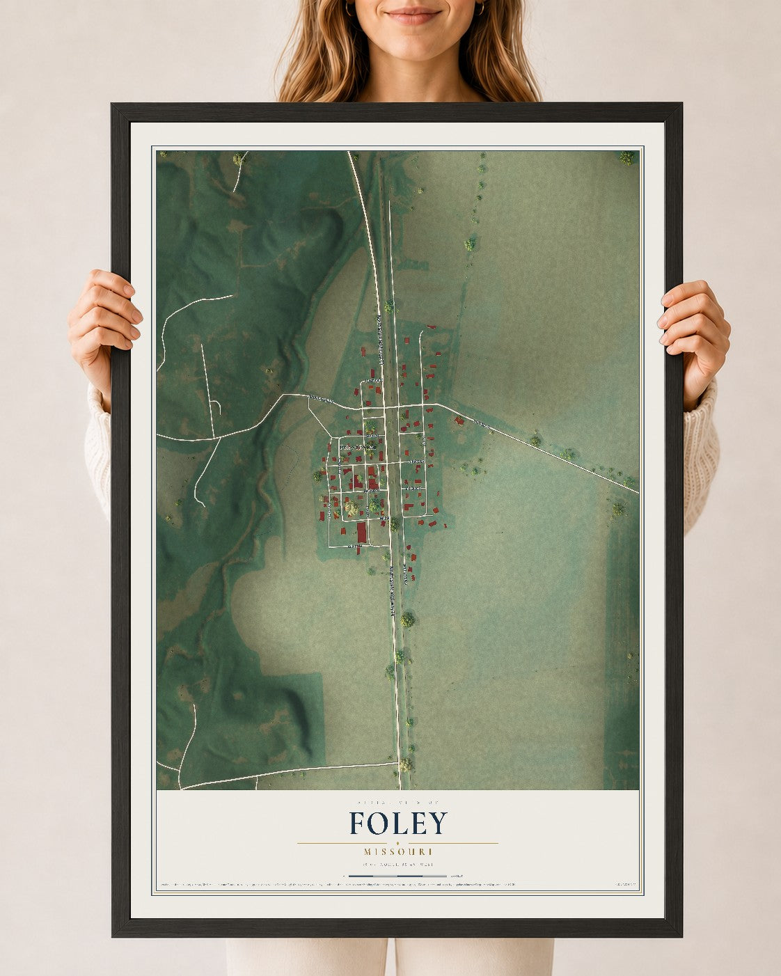 Map of Foley, Missouri, 24 x 36 inch print in a black wood frame