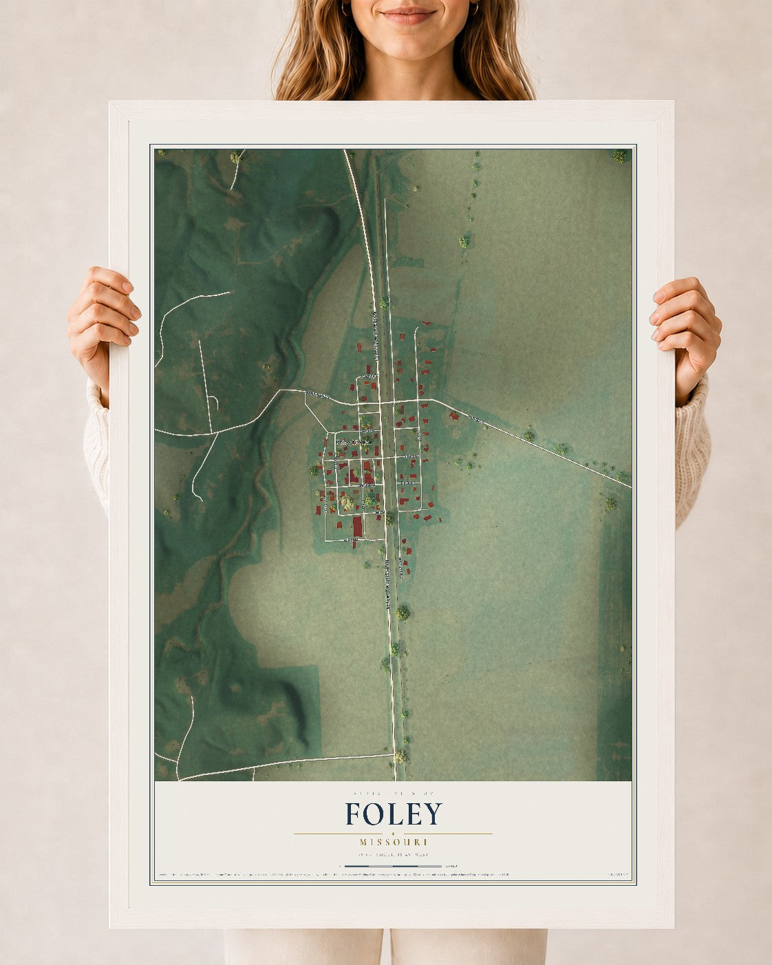 Map of Foley, Missouri, 24 x 36 inch print in a white wood frame