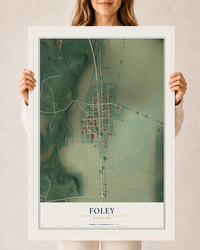 Map of Foley, Missouri, 24 x 36 inch print in a white wood frame