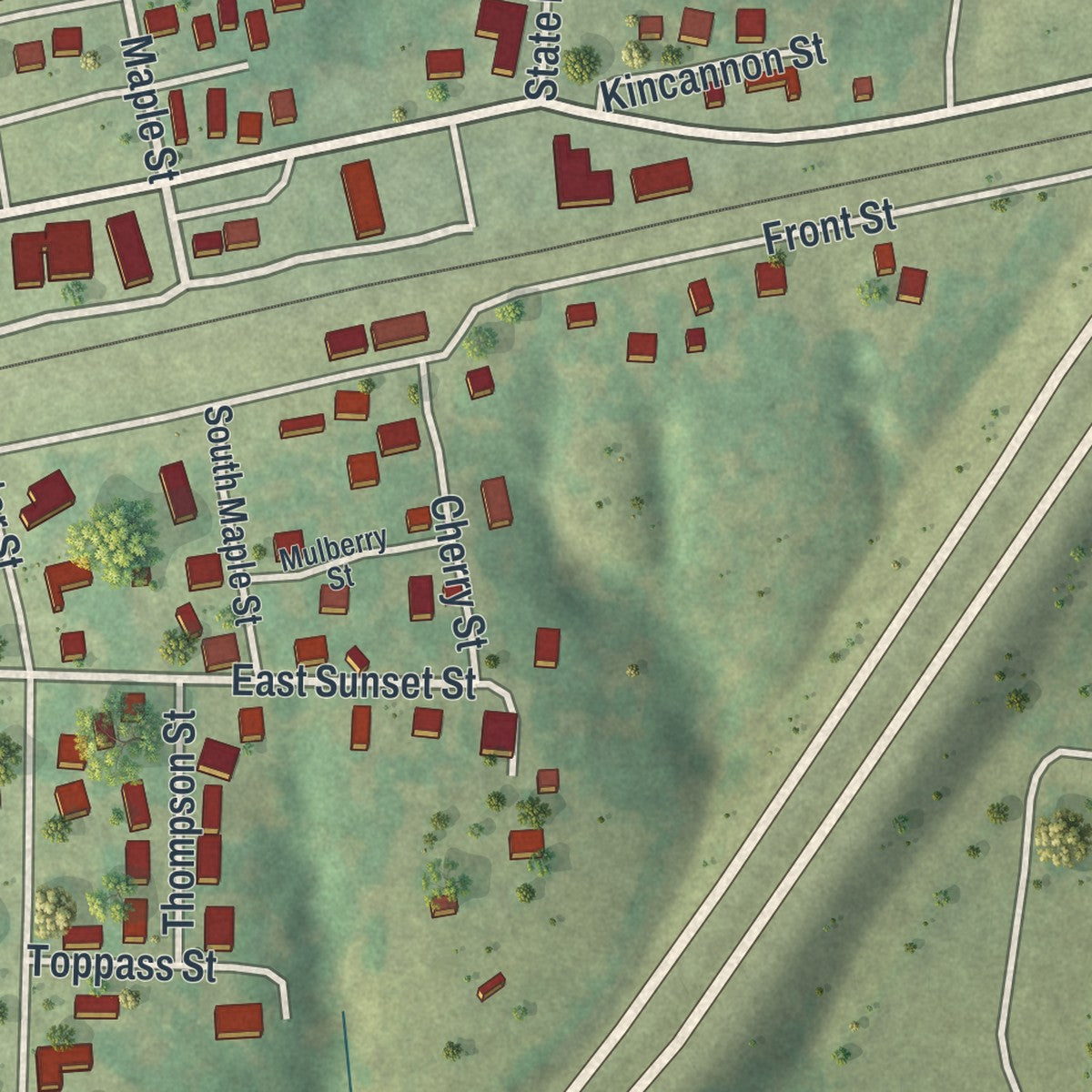 Close-up of the map of Fordland, Missouri print showing street and building detail