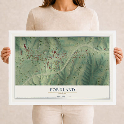 Map of Fordland, Missouri, 12 x 18 inch print in a white wood frame