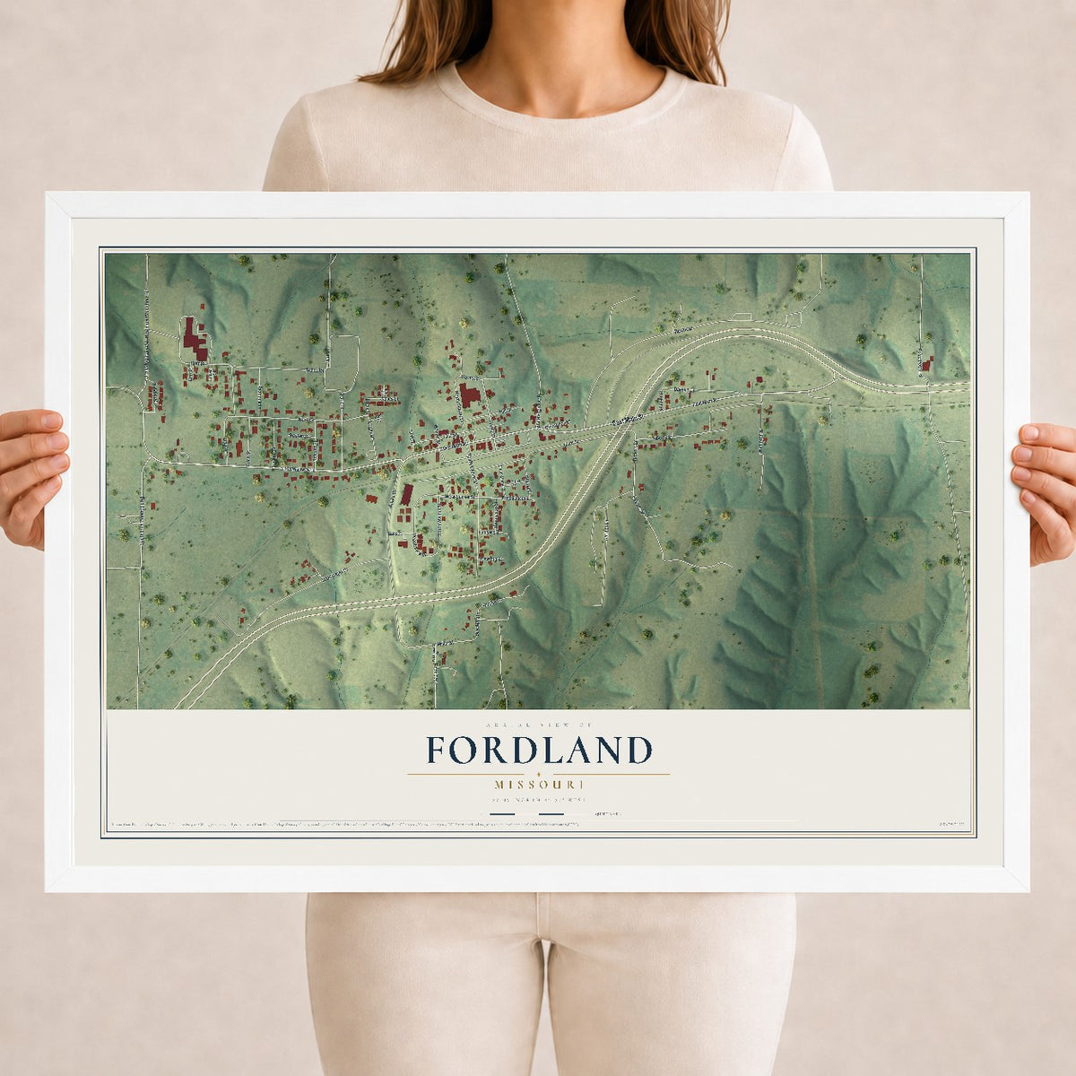 Map of Fordland, Missouri, 18 x 24 inch print in a white wood frame