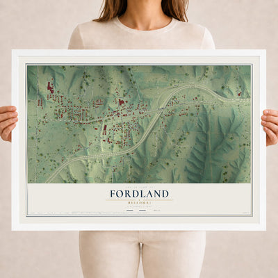 Map of Fordland, Missouri, 18 x 24 inch print in a white wood frame