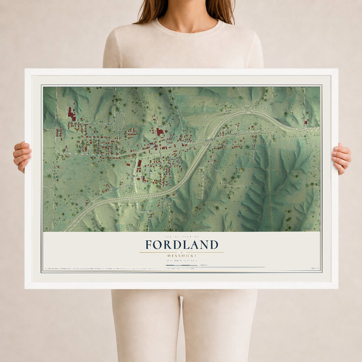 Map of Fordland, Missouri, 24 x 36 inch print in a white wood frame