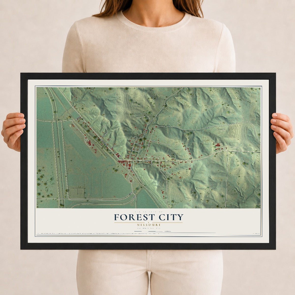 Map of Forest City, Missouri, 12 x 18 inch print in a black wood frame