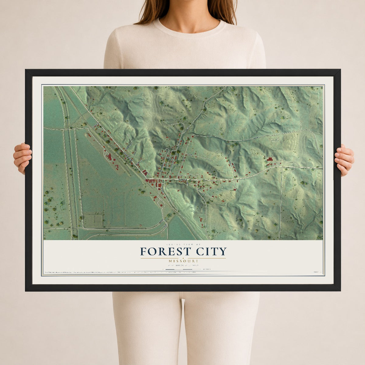Map of Forest City, Missouri, 24 x 36 inch print in a black wood frame