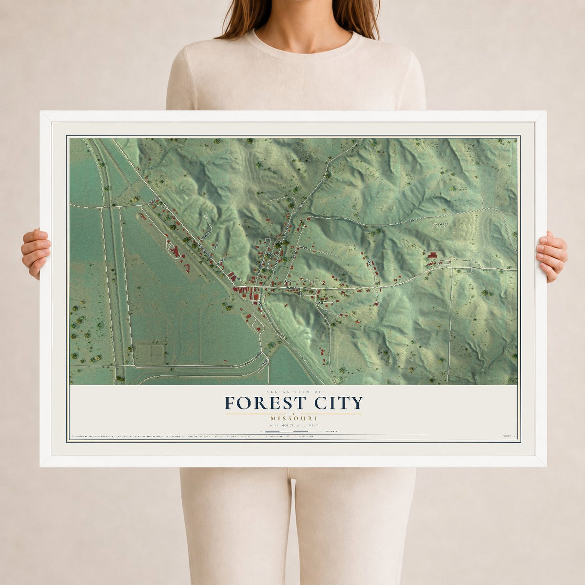Map of Forest City, Missouri, 24 x 36 inch print in a white wood frame