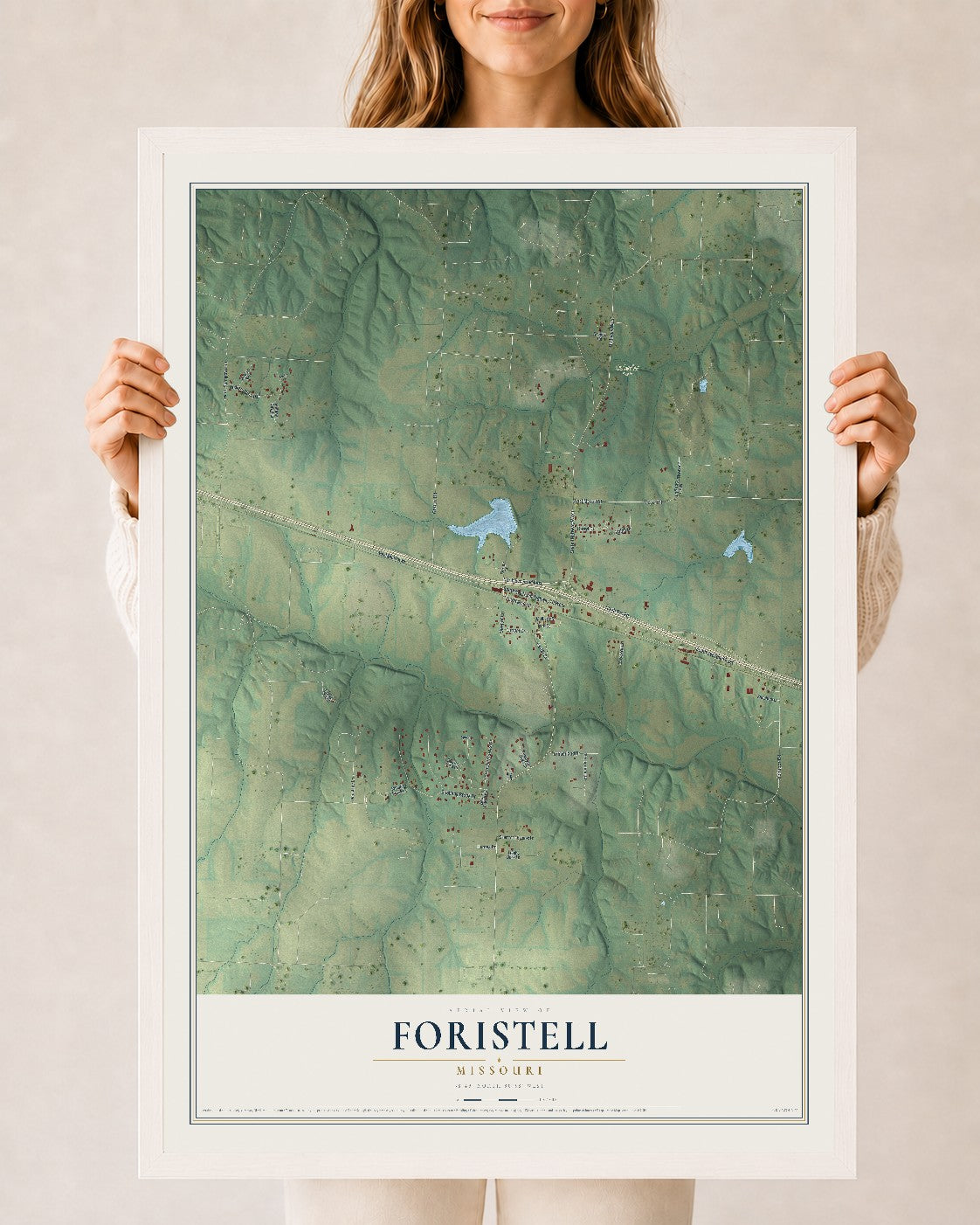 Map of Foristell, Missouri, 24 x 36 inch print in a white wood frame