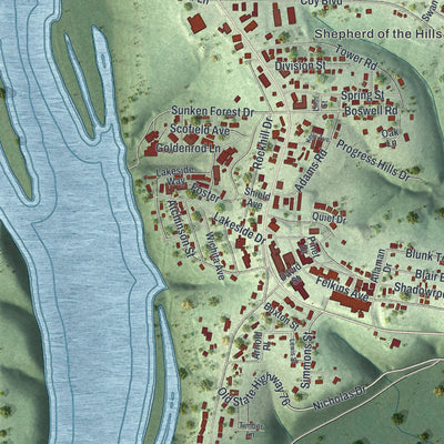 Close-up of the map of Forsyth, Missouri print showing street and building detail