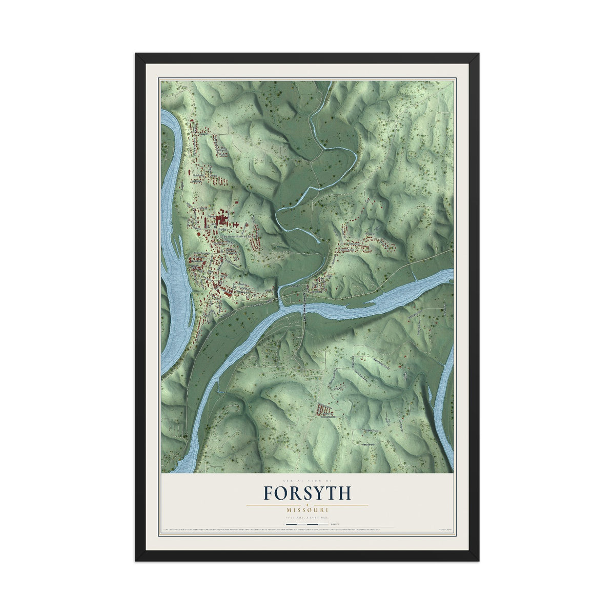 Map of Forsyth, Missouri, 12 x 18 inch print in a black wood frame