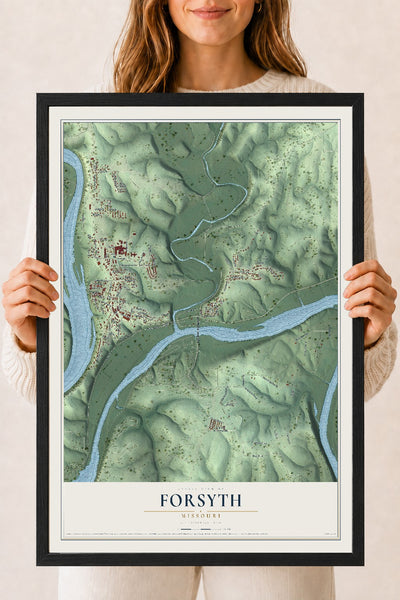 Map of Forsyth, Missouri, 18 x 24 inch print in a black wood frame