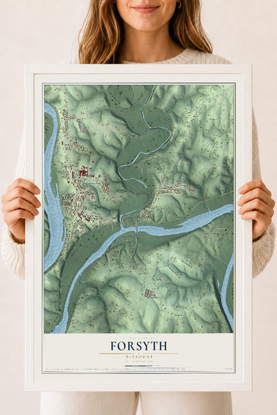 Map of Forsyth, Missouri, 18 x 24 inch print in a white wood frame