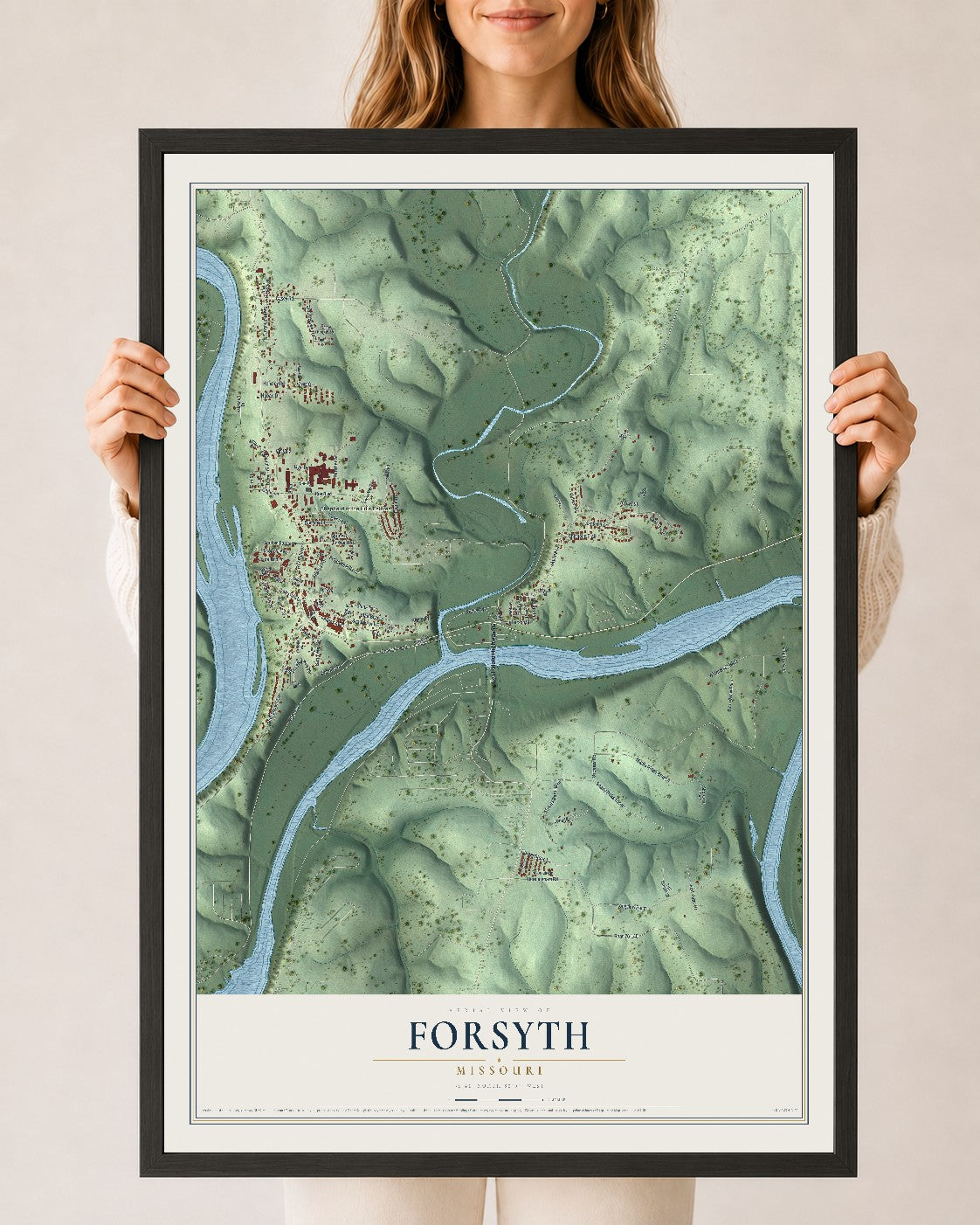 Map of Forsyth, Missouri, 24 x 36 inch print in a black wood frame