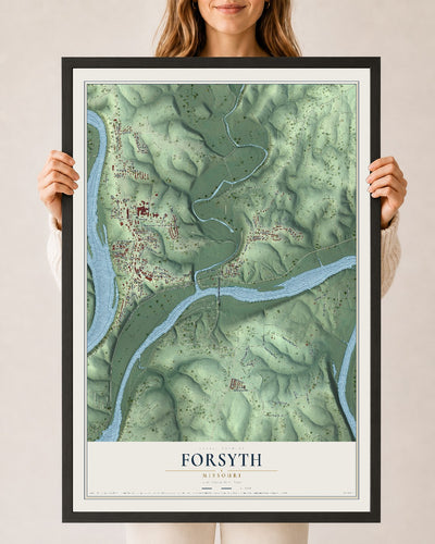 Map of Forsyth, Missouri, 24 x 36 inch print in a black wood frame