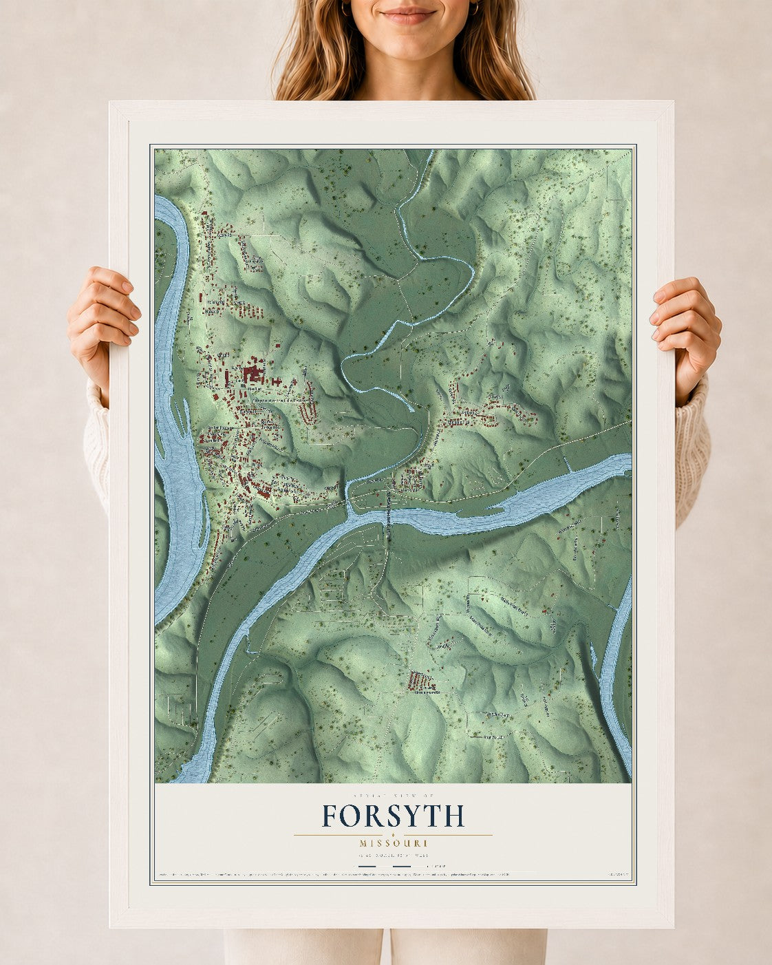 Map of Forsyth, Missouri, 24 x 36 inch print in a white wood frame