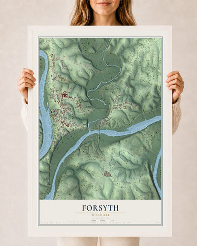 Map of Forsyth, Missouri, 24 x 36 inch print in a white wood frame