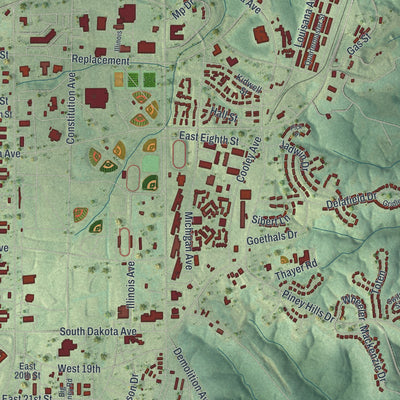 Close-up of the map of Fort Leonard Wood, Missouri print showing street and building detail