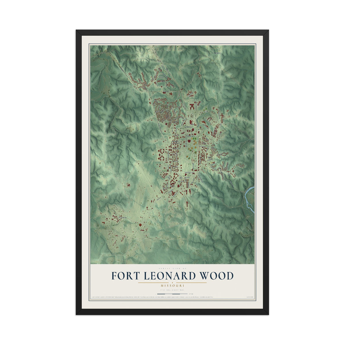 Map of Fort Leonard Wood, Missouri, 12 x 18 inch print in a black wood frame