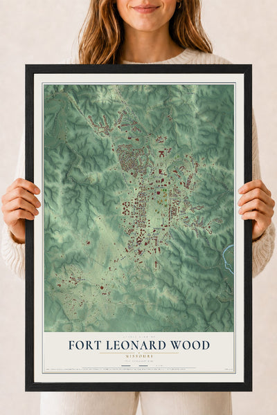 Map of Fort Leonard Wood, Missouri, 18 x 24 inch print in a black wood frame