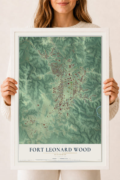 Map of Fort Leonard Wood, Missouri, 18 x 24 inch print in a white wood frame