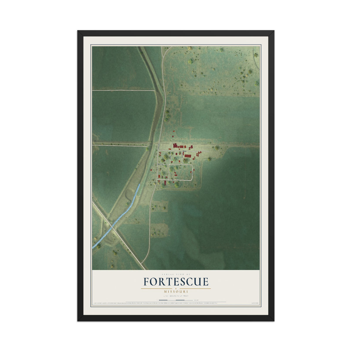 Map of Fortescue, Missouri, 12 x 18 inch print in a black wood frame