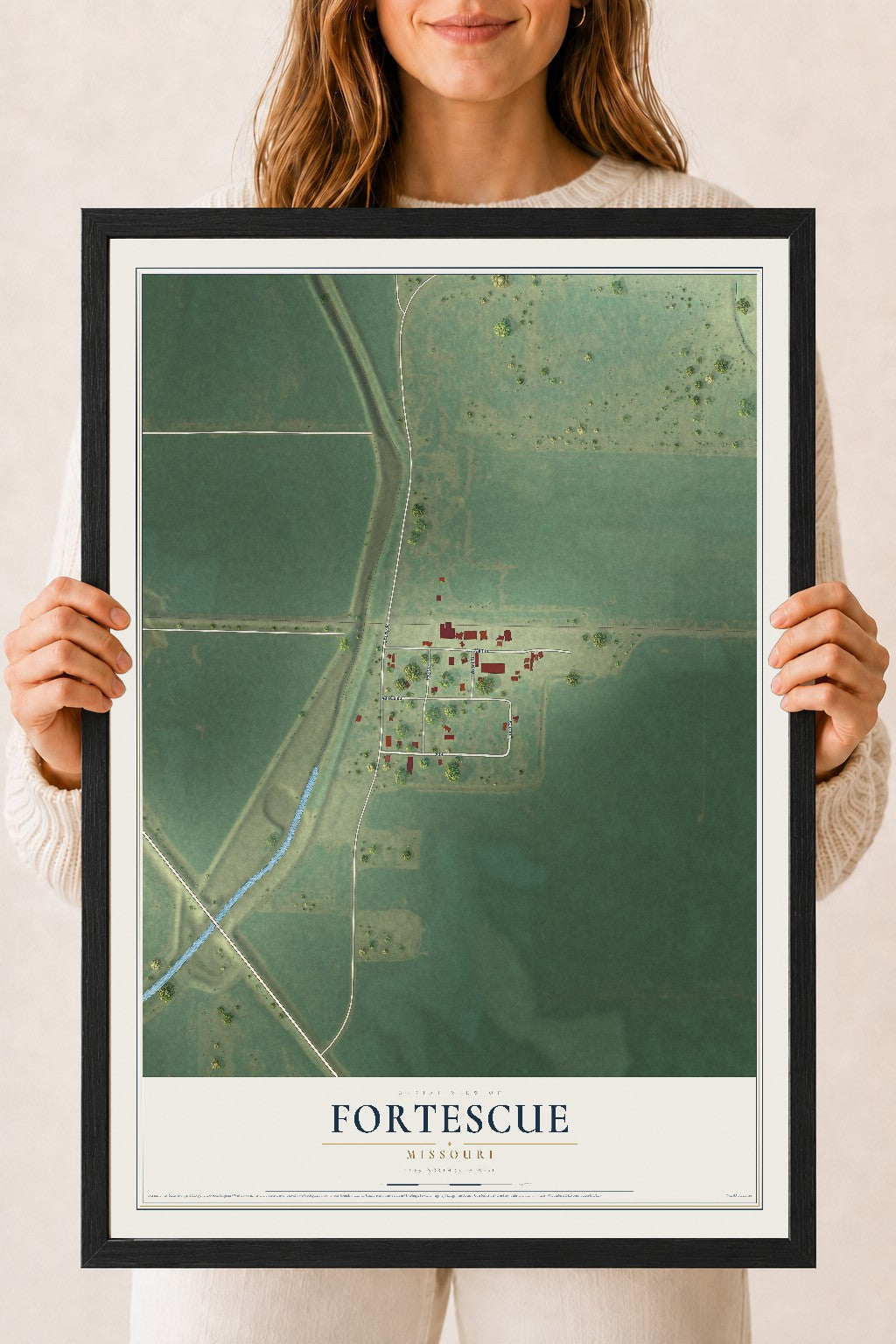 Map of Fortescue, Missouri, 18 x 24 inch print in a black wood frame