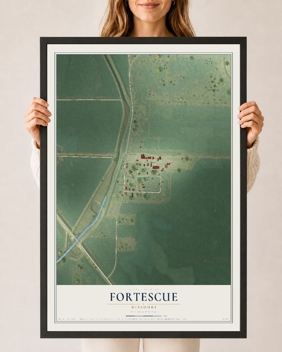 Map of Fortescue, Missouri, 24 x 36 inch print in a black wood frame