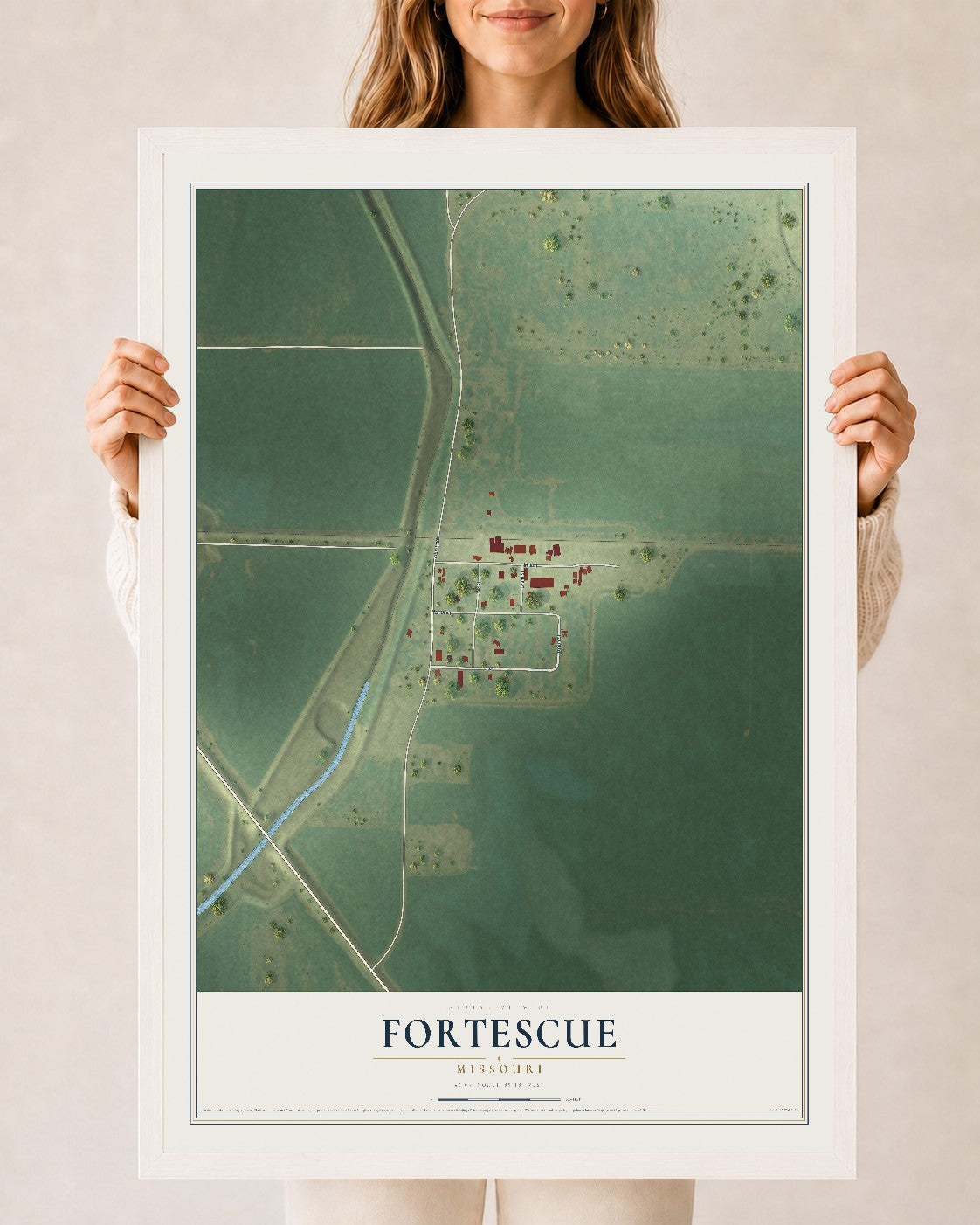 Map of Fortescue, Missouri, 24 x 36 inch print in a white wood frame