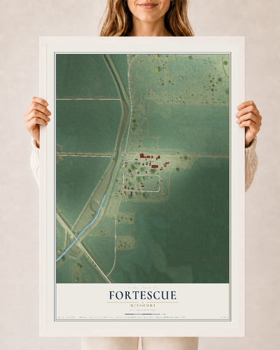 Map of Fortescue, Missouri, 24 x 36 inch print in a white wood frame