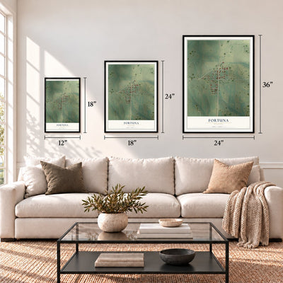 Fortuna, Missouri map in 12 x 18, 18 x 24 and 24 x 36 inch sizes above a sofa