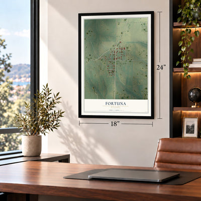 Fortuna, Missouri map, 18 x 24 inch print in a black frame in a home office