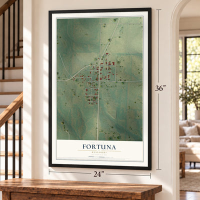 Fortuna, Missouri map, 24 x 36 inch print in a black frame by a staircase