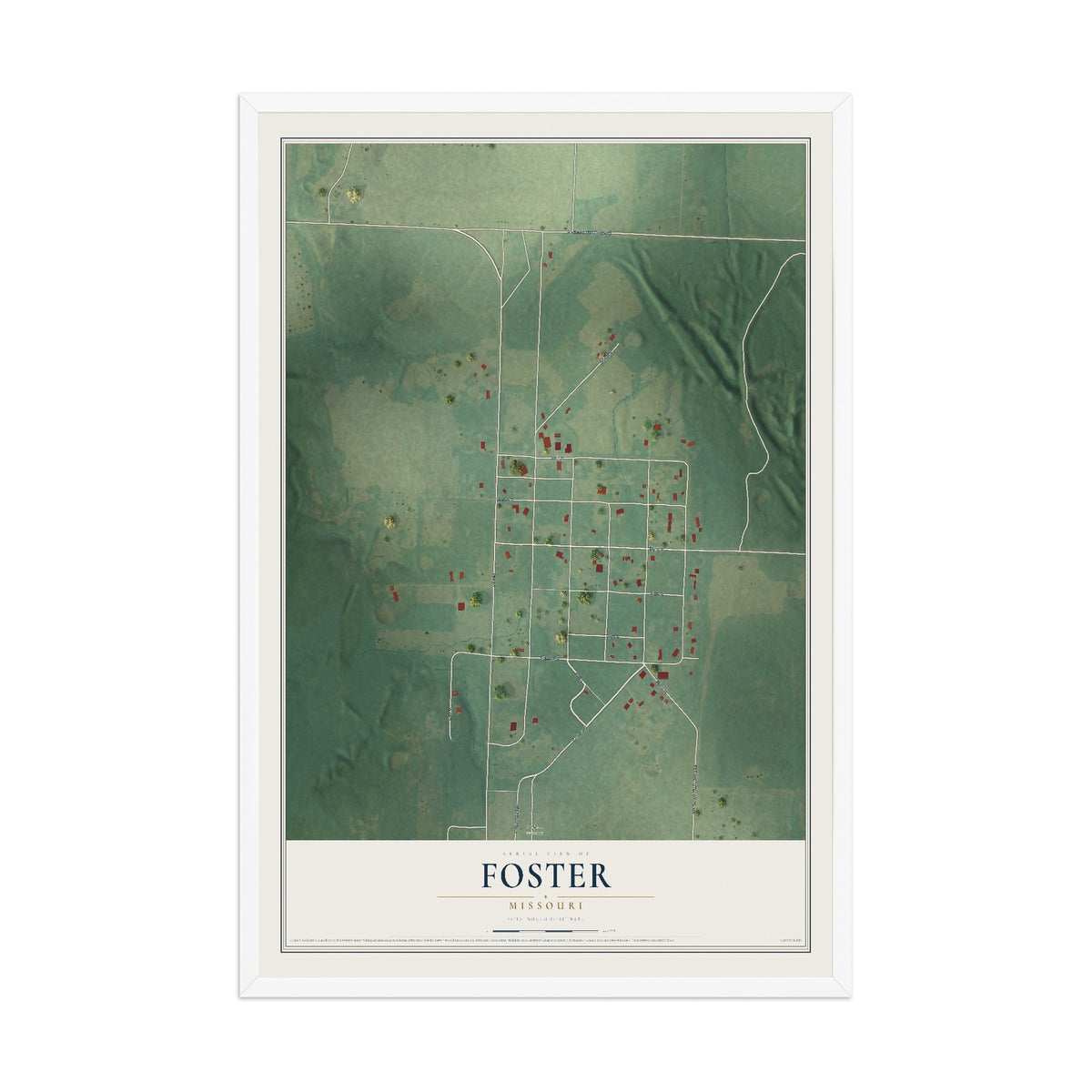 Map of Foster, Missouri, 12 x 18 inch print in a white wood frame