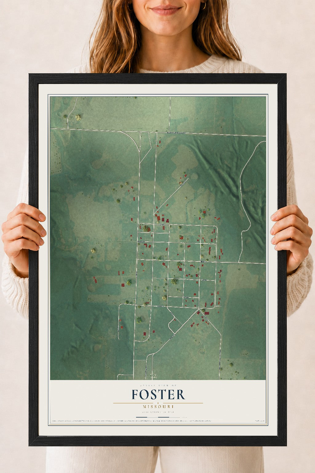 Map of Foster, Missouri, 18 x 24 inch print in a black wood frame