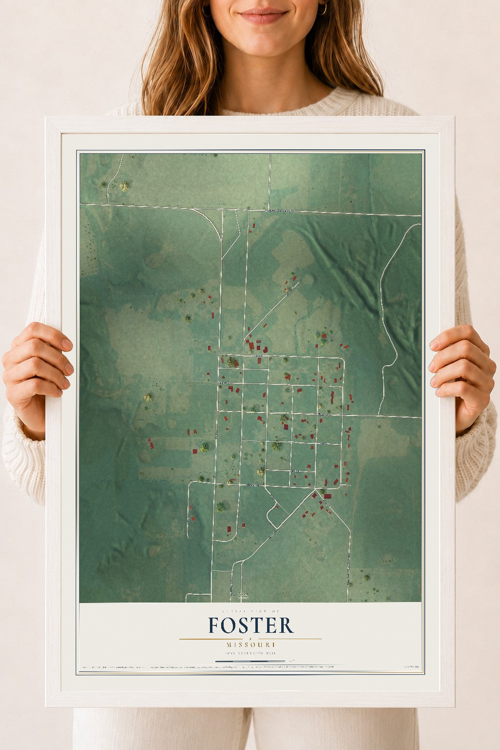 Map of Foster, Missouri, 18 x 24 inch print in a white wood frame