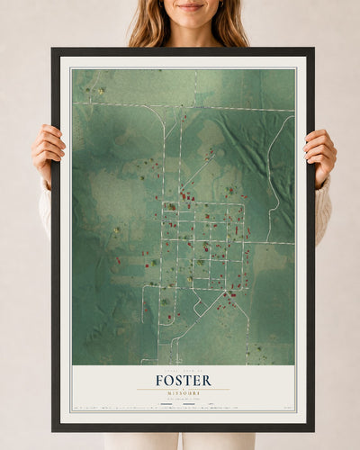 Map of Foster, Missouri, 24 x 36 inch print in a black wood frame