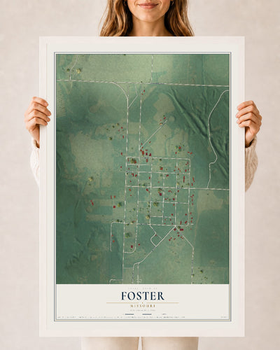 Map of Foster, Missouri, 24 x 36 inch print in a white wood frame