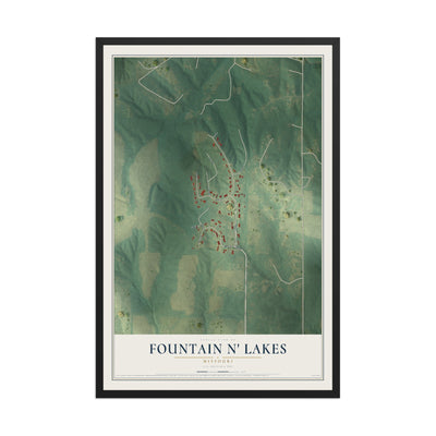 Map of Fountain N' Lakes, Missouri, 12 x 18 inch print in a black wood frame