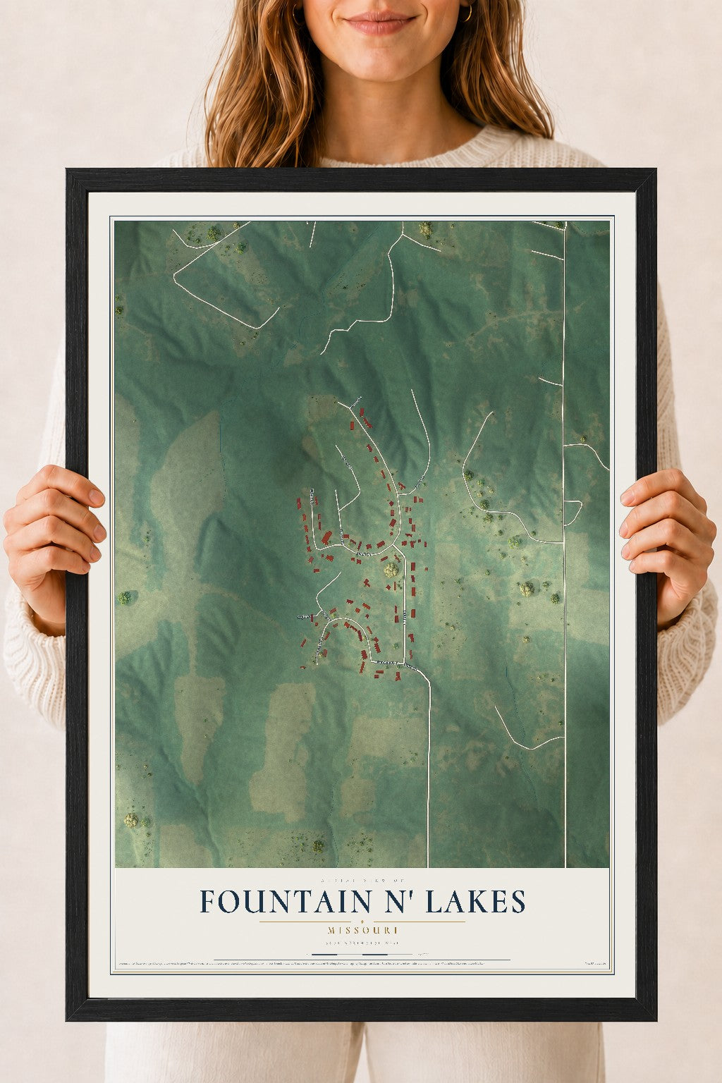 Map of Fountain N' Lakes, Missouri, 18 x 24 inch print in a black wood frame