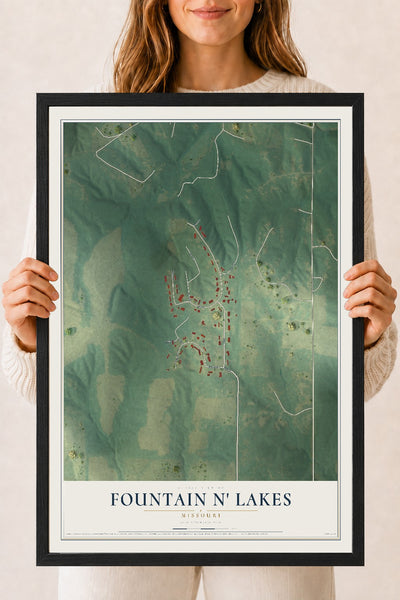 Map of Fountain N' Lakes, Missouri, 18 x 24 inch print in a black wood frame