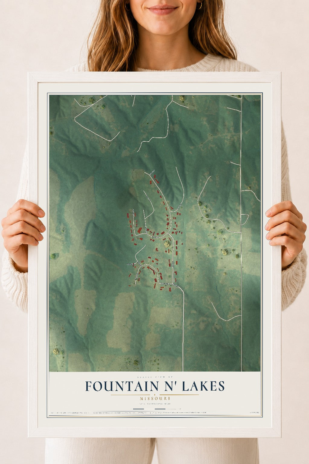 Map of Fountain N' Lakes, Missouri, 18 x 24 inch print in a white wood frame
