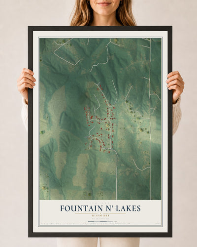 Map of Fountain N' Lakes, Missouri, 24 x 36 inch print in a black wood frame