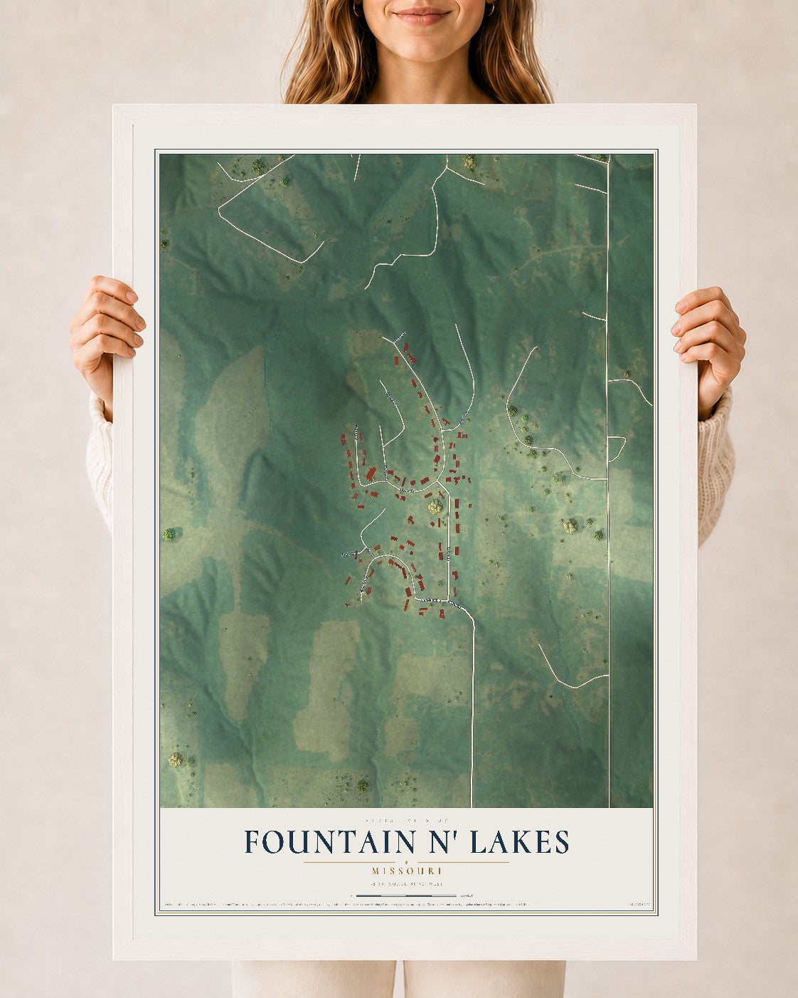 Map of Fountain N' Lakes, Missouri, 24 x 36 inch print in a white wood frame