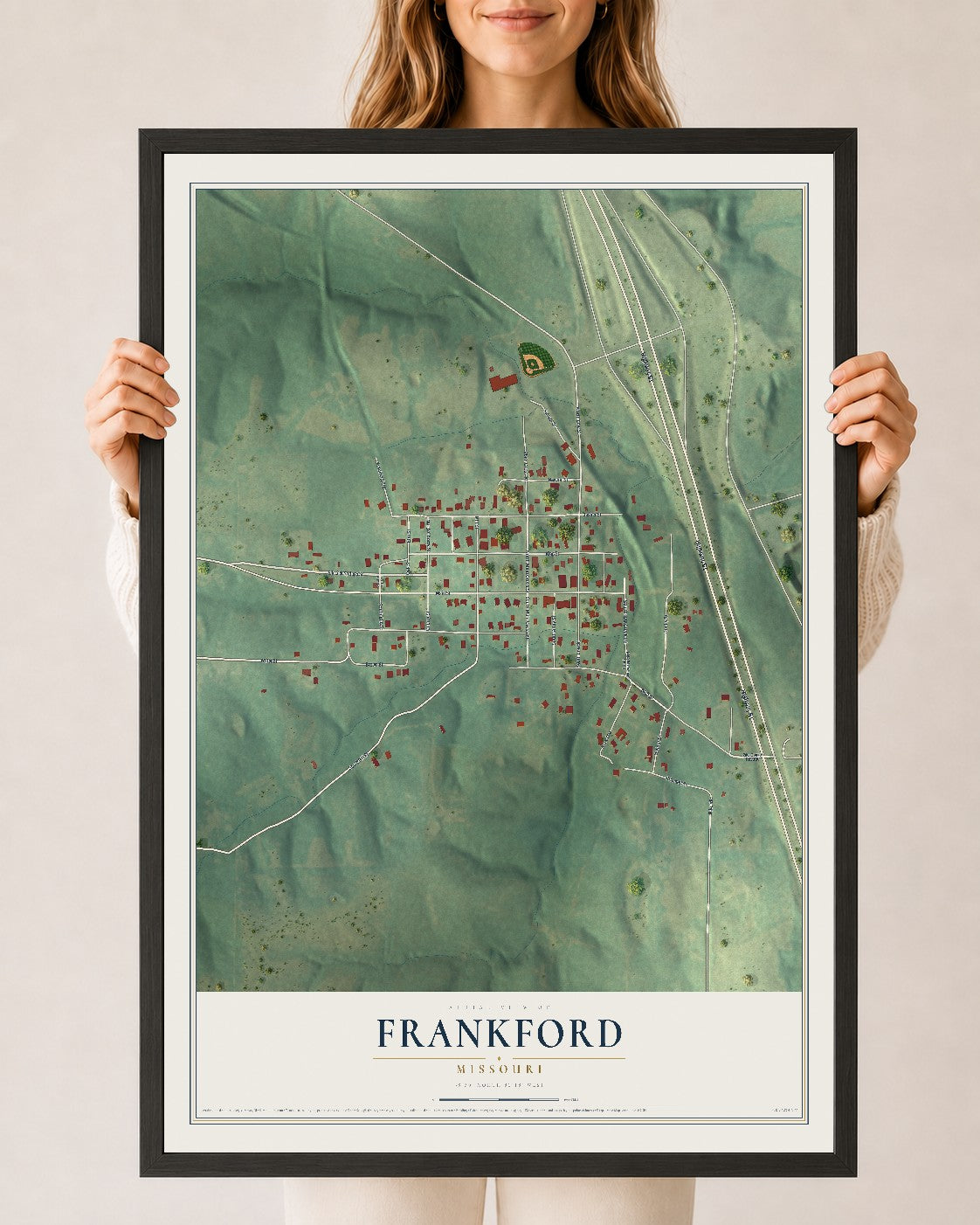 Map of Frankford, Missouri, 24 x 36 inch print in a black wood frame