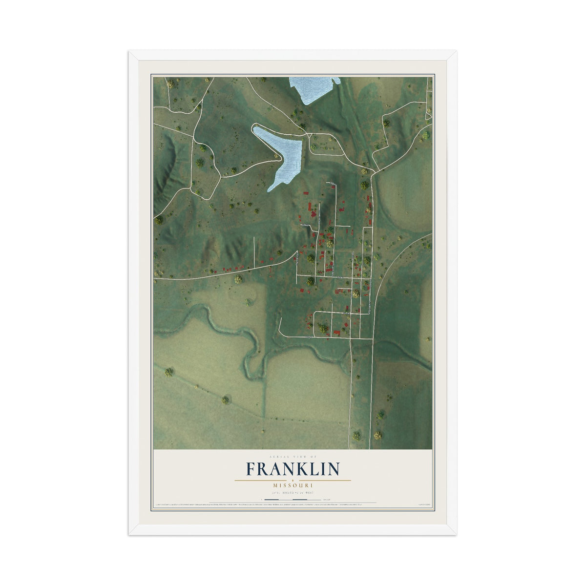 Map of Franklin, Missouri, 12 x 18 inch print in a white wood frame