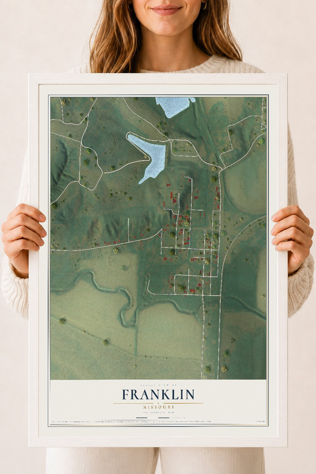 Map of Franklin, Missouri, 18 x 24 inch print in a white wood frame