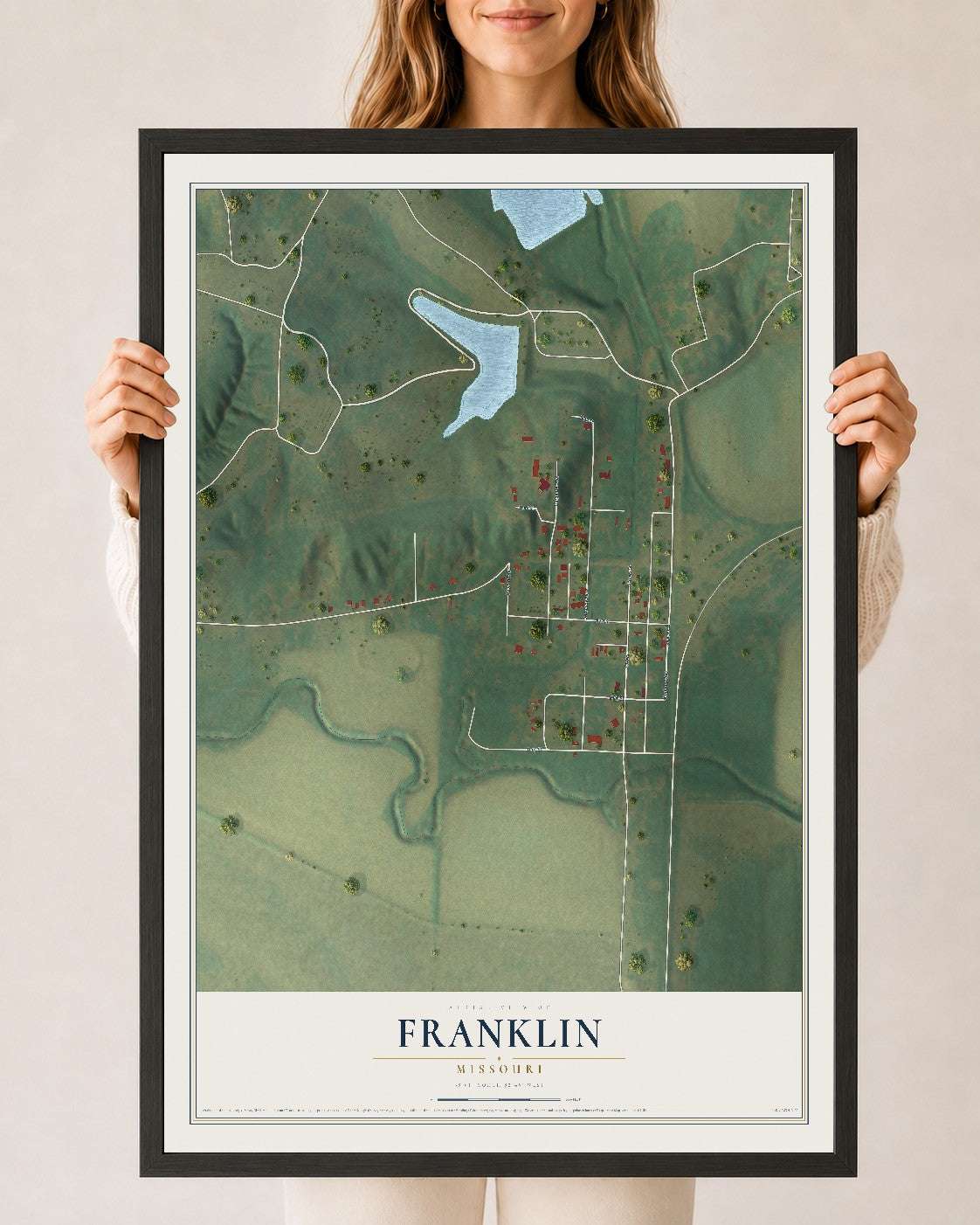 Map of Franklin, Missouri, 24 x 36 inch print in a black wood frame