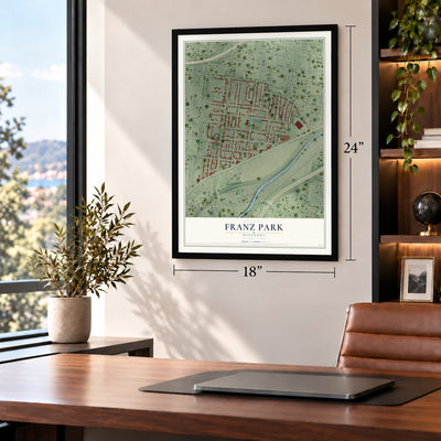 Franz Park, Missouri map, 18 x 24 inch print in a black frame in a home office