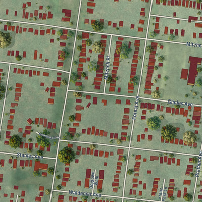 Close-up of the map of Franz Park, Missouri print showing street and building detail