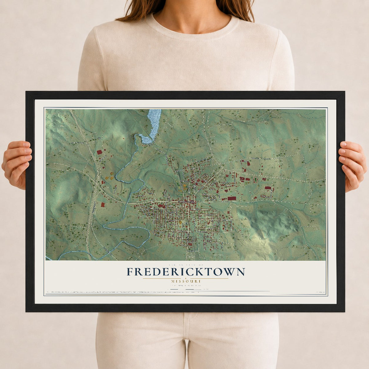 Map of Fredericktown, Missouri, 12 x 18 inch print in a black wood frame